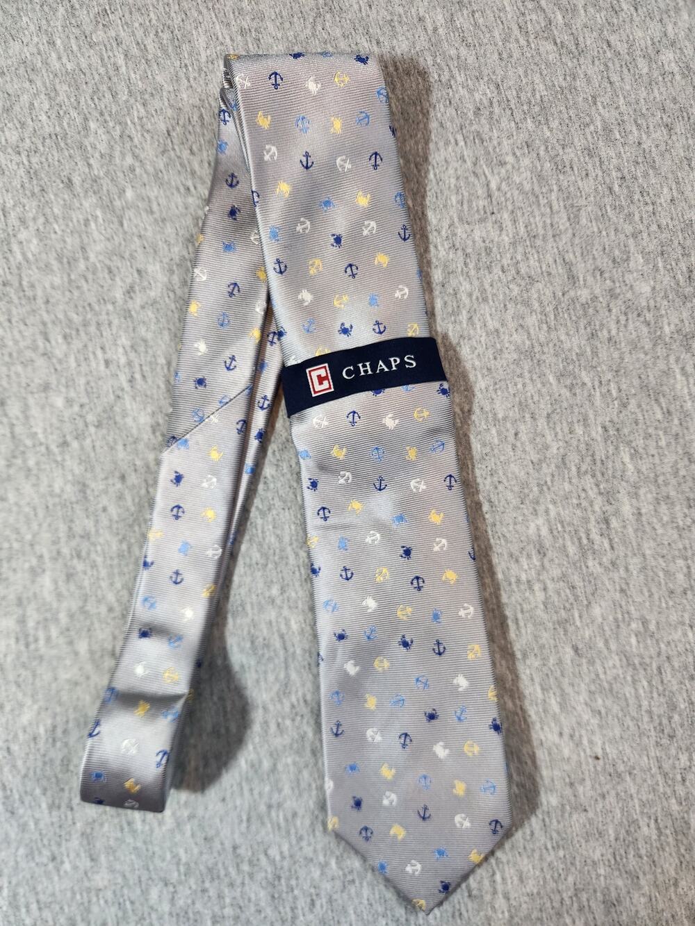 Chaps 100% Silk Nautical Anchor Crab Tie Gray Blue Yellow Men's Neck Tie